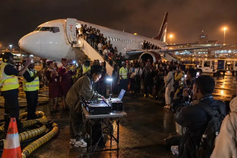 An improvised set on a grounded Nyota Air jet at Jomo Kenyatta International Airport on 19 September, where performers and striking ground staff turned delays into a live show.