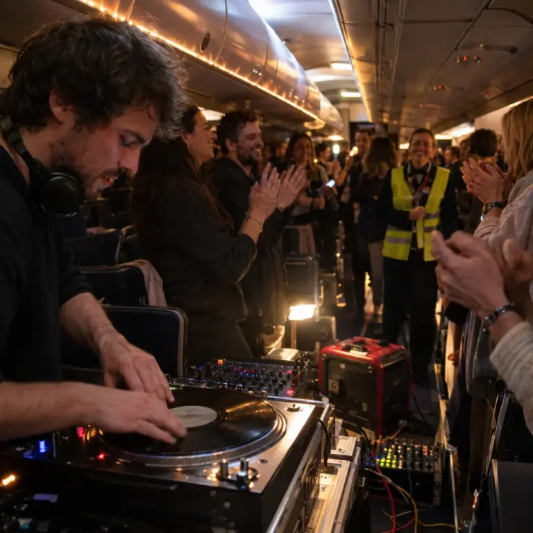 Inside the aircraft: a makeshift dancefloor and the small sound rig that captured the tarmac performance.