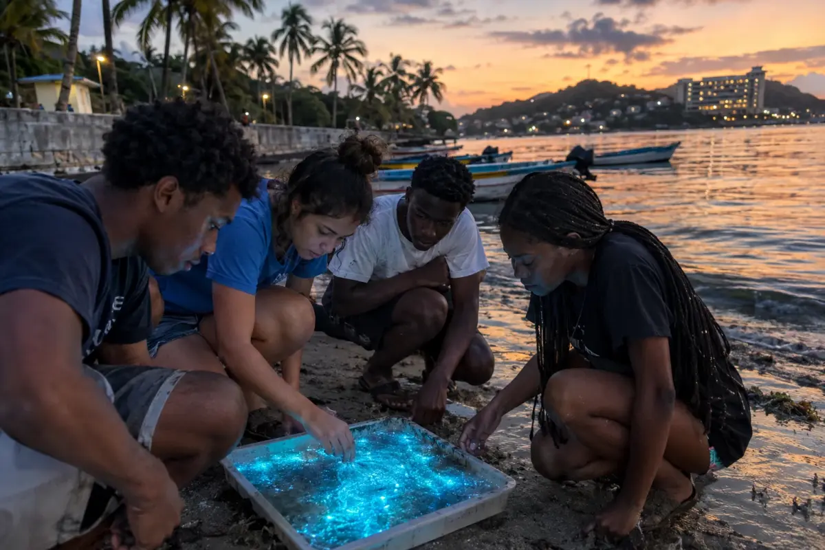 Windward High pupils display a tray of 'luminreef' on the Castries shoreline after Monday’s ruling. The algae’s faint glow attracted volunteers and visitors by night.