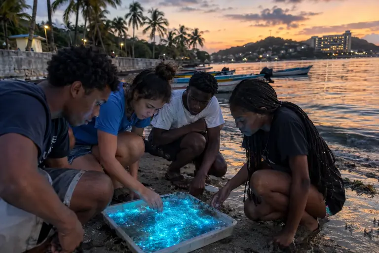 Windward High pupils display a tray of 'luminreef' on the Castries shoreline after Monday’s ruling. The algae’s faint glow attracted volunteers and visitors by night.
