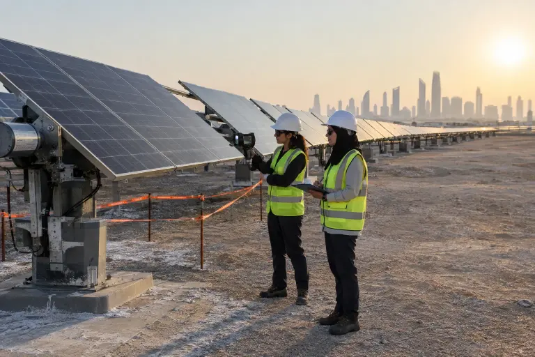 Engineers inspect a utility solar array near Abu Dhabi after regional operators ordered rolling checks following a materials study, 21 September 2026.