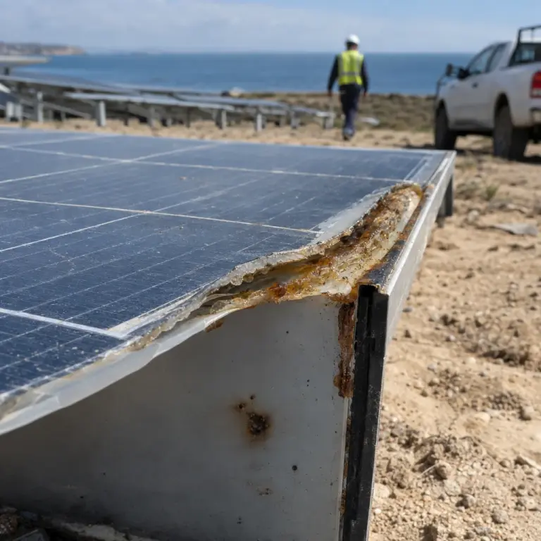 Peeling laminate and scorch marks on a module recovered for testing at a coastal site.