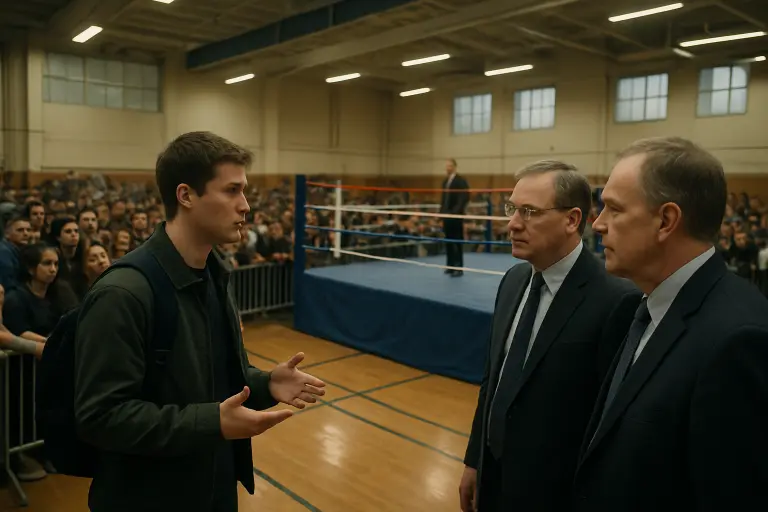 Student leader speaking with university officials in the sports complex after Saturday's event (Capital City).
