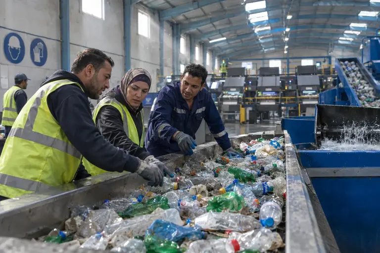 Workers at Alexandria’s sorting plant inspect a conveyor of returned bottles, where upgraded sorting and washing lines produced unexpectedly high‑purity rPET material. (Alexandria, 18 Sept)