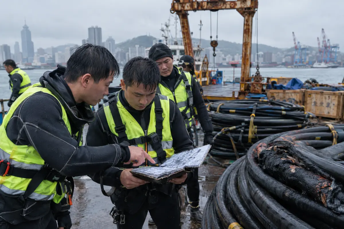 Technicians and the former diver on deck at Keelung harbour near the Thunderline repair berth, yesterday morning.