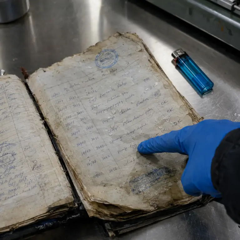 A page from the diver's waterproof notebook, showing disputed material codes, Keelung repair yard.