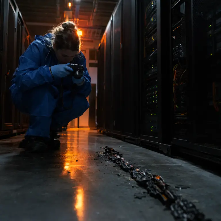 Charred insulation inside a data centre affected during the 2023 outage, preserved for forensic audit.