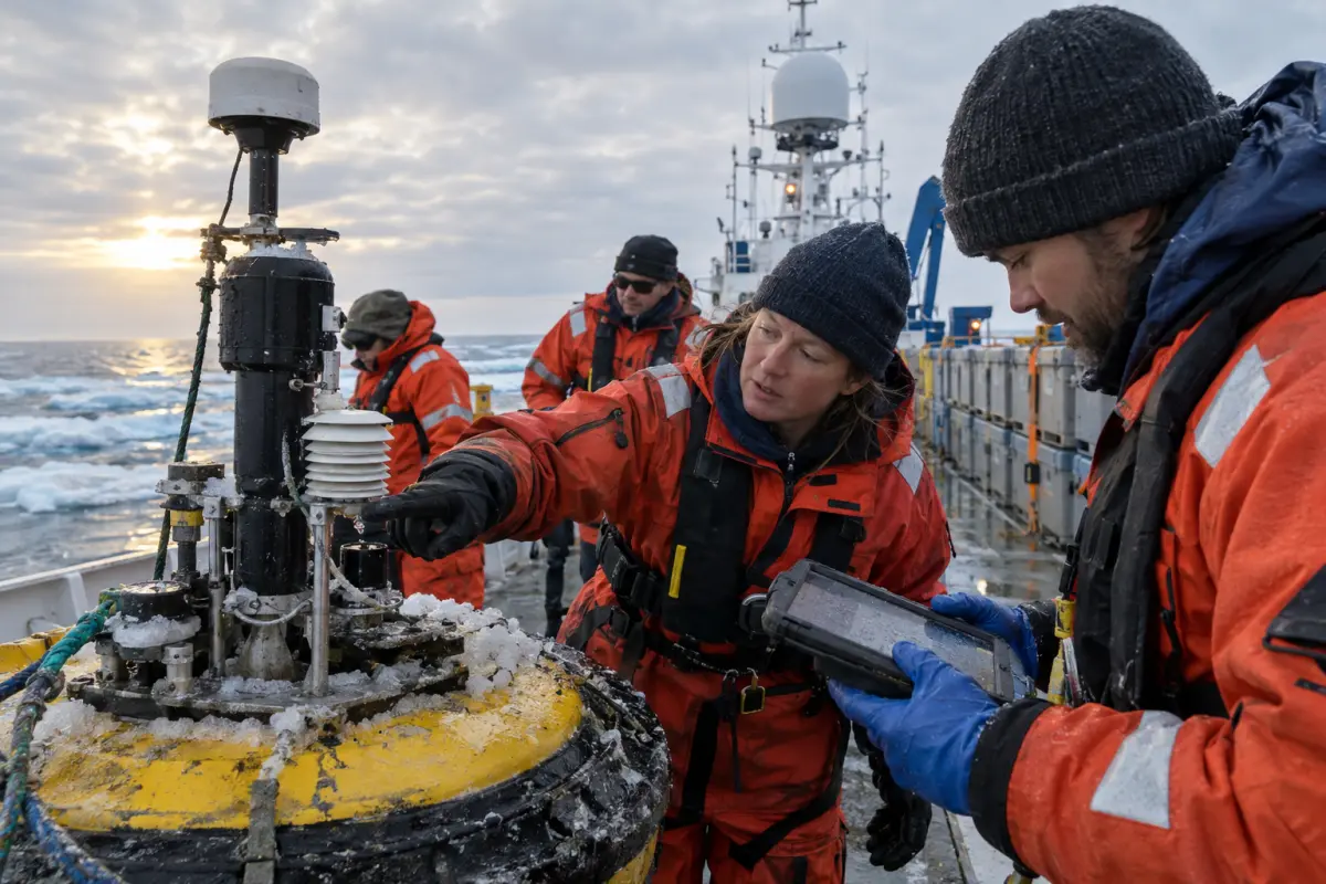 Researchers examine a Sentinel buoy on the deck of CCGS Aurora Dawn off Tuktoyaktuk after retrieval, 21 September.