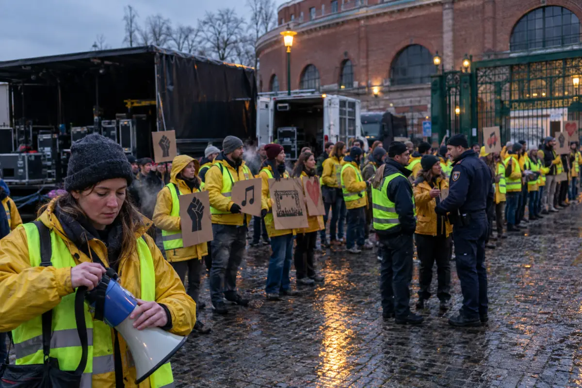Pickets at Praterhalle Arena during the second week of the strike, Vienna — 21 September. Staff halted vans and uncovered the network handoff beneath the stage.