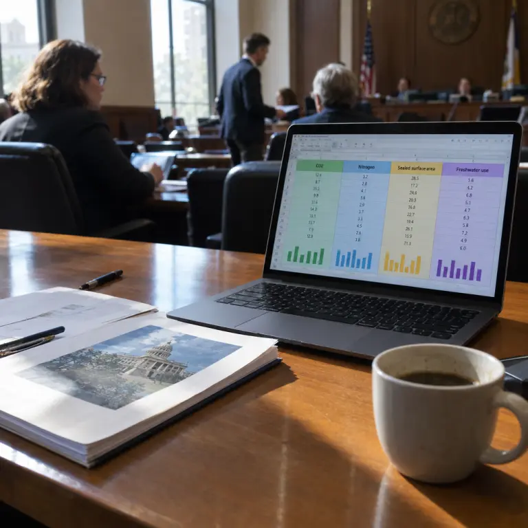 Municipal officials review the technical 'ecobudget' spreadsheet during a late‑afternoon session in a council chamber.