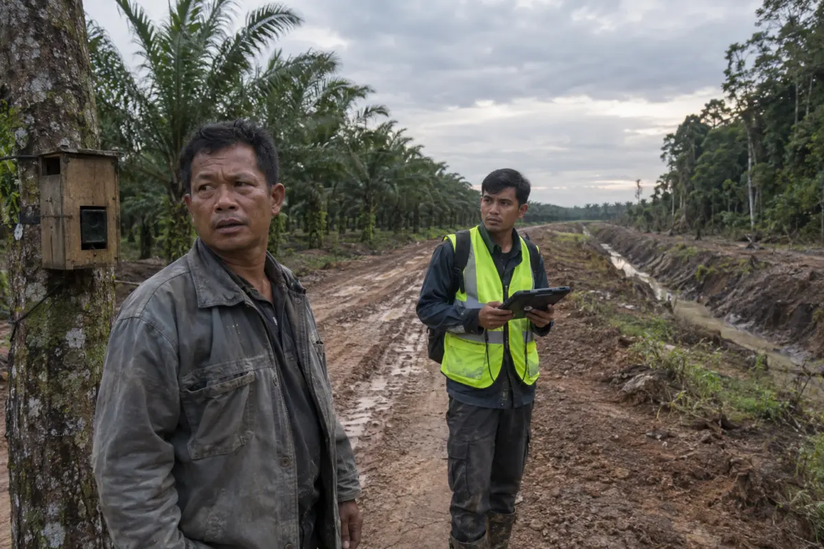 Field team and local resident beside a camera‑trap at the forest edge of a palm concession in West Kalimantan, where researchers recorded steep declines in tilicay sightings.