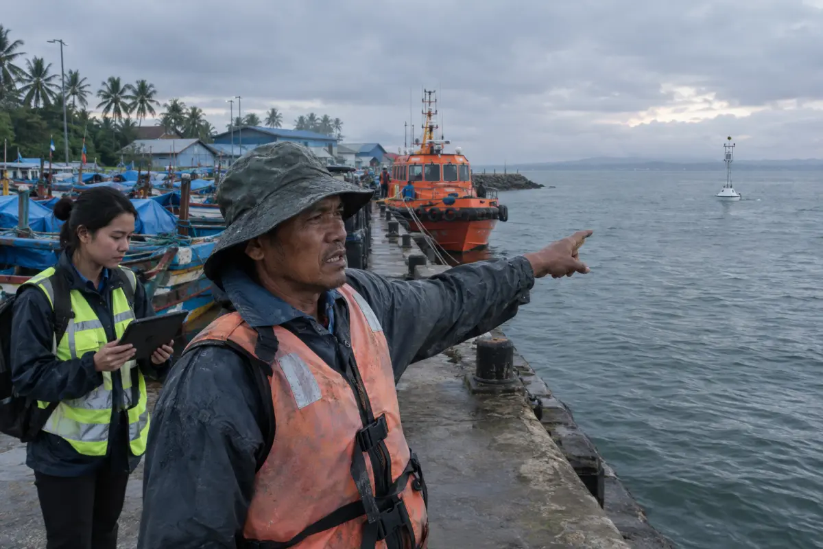 Fisher and scientist at Cilacap harbour watch a research buoy deployed over the site where sensors registered the methane anomaly, Central Java, 22 September.