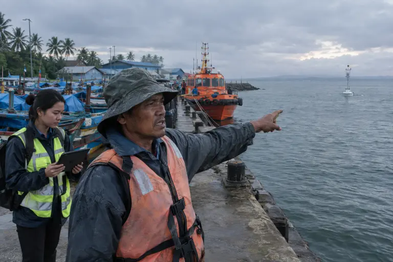 Fisher and scientist at Cilacap harbour watch a research buoy deployed over the site where sensors registered the methane anomaly, Central Java, 22 September.