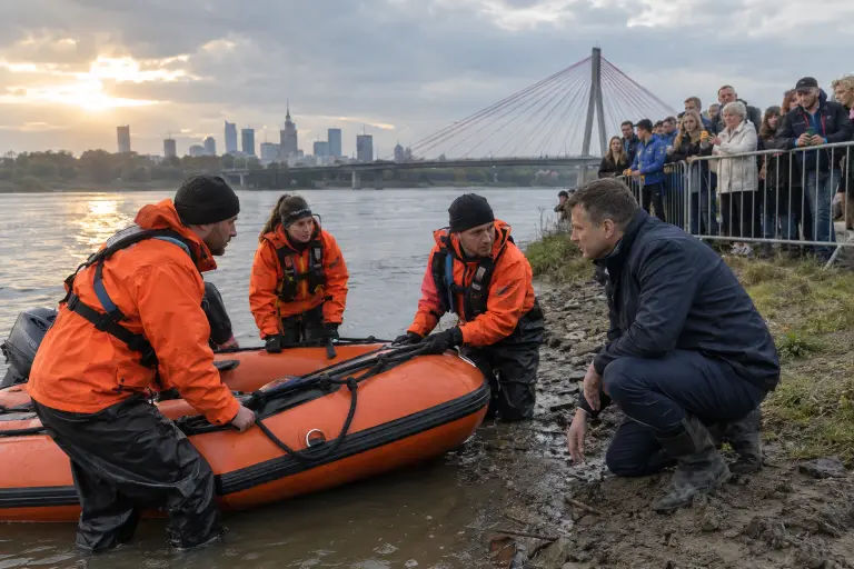 Mayor at the scene: the mayor by the Vistula after a volunteer was rescued, with RiverSafe’s inflatable boat at the riverbank, Warsaw, 21 September.